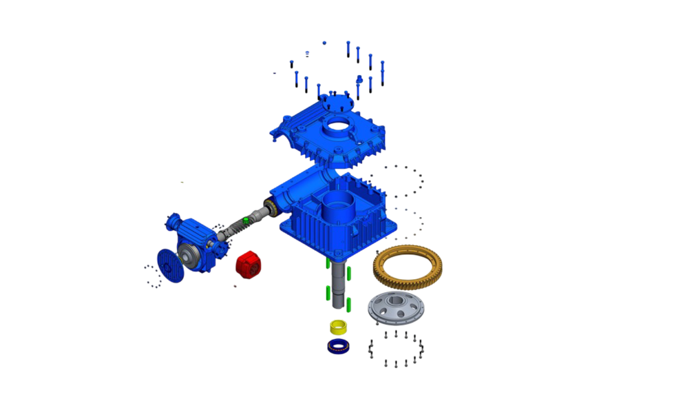 Clean exploded gearbox assembly showing the custom-designed components