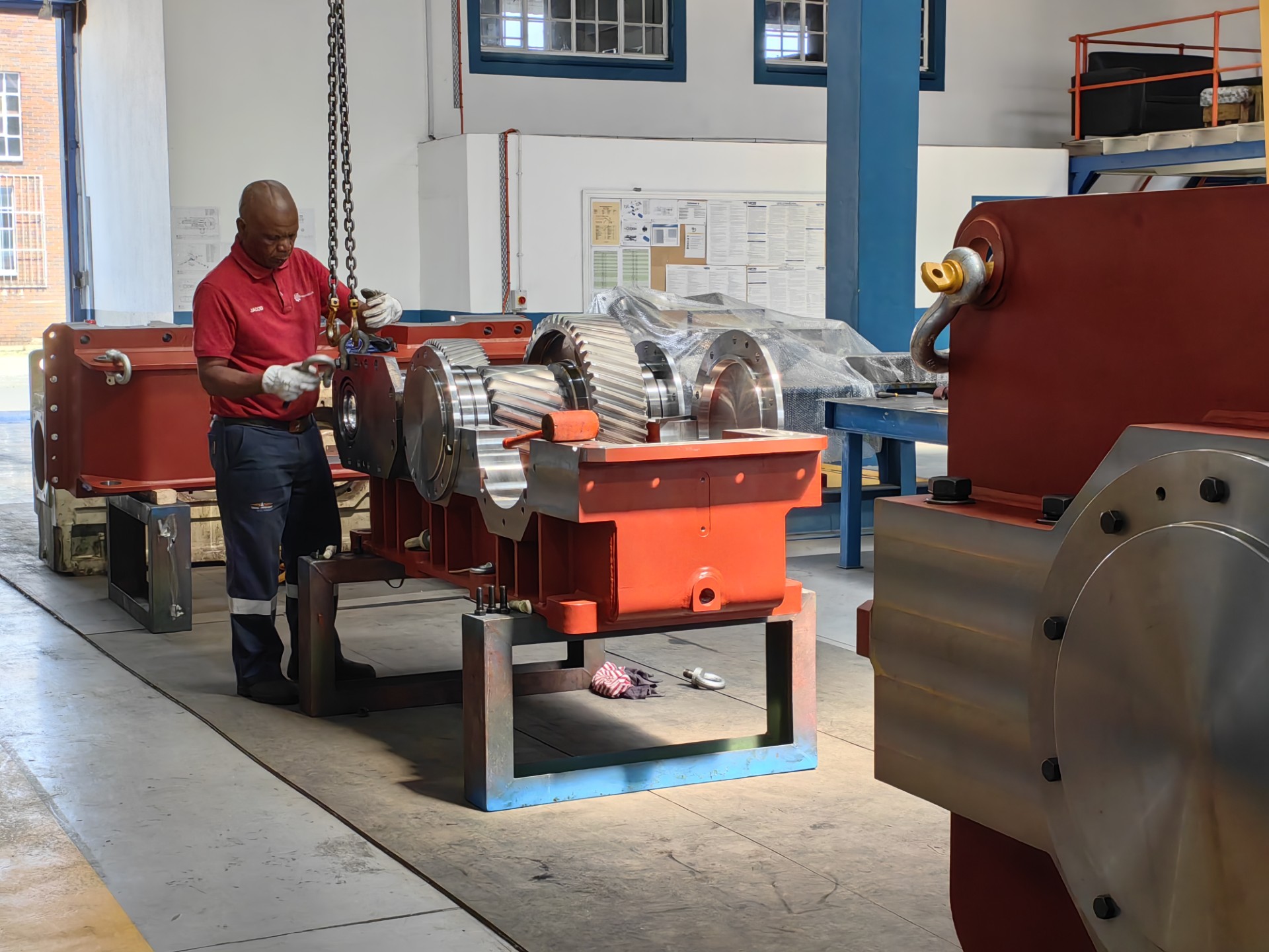Heavy-duty industrial gearbox under inspection